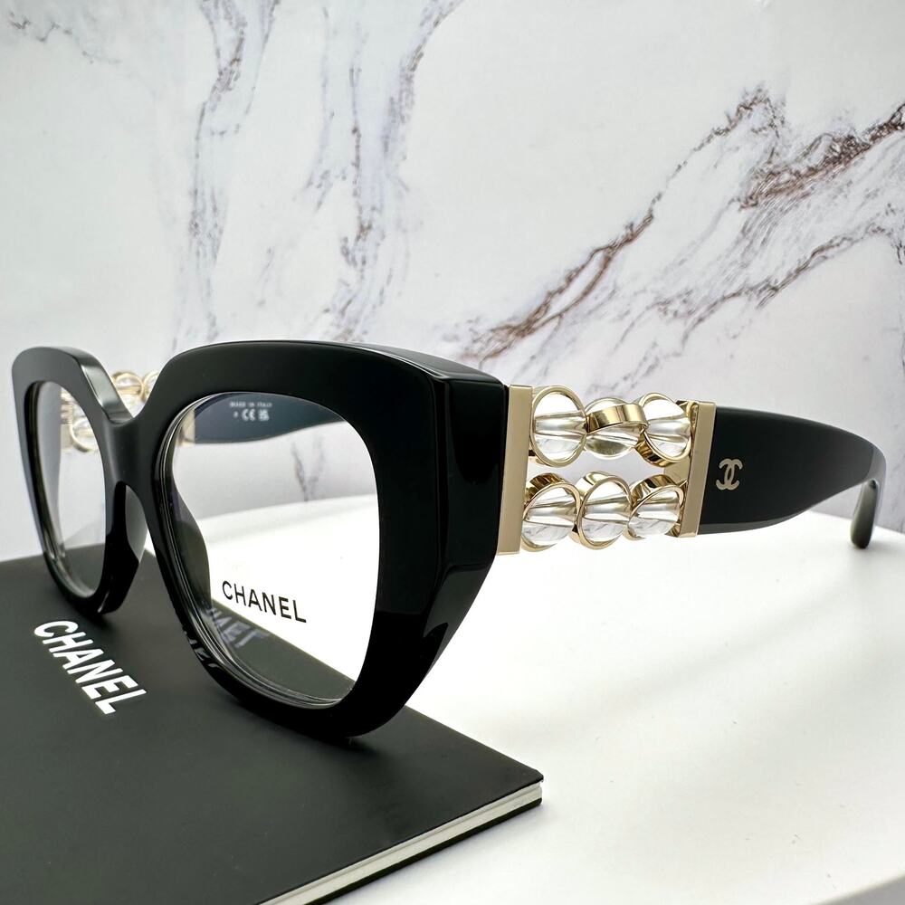 New CHANEL Eyeglasses Black Gold Cat Eye Clear Rotating Pearls 52mm